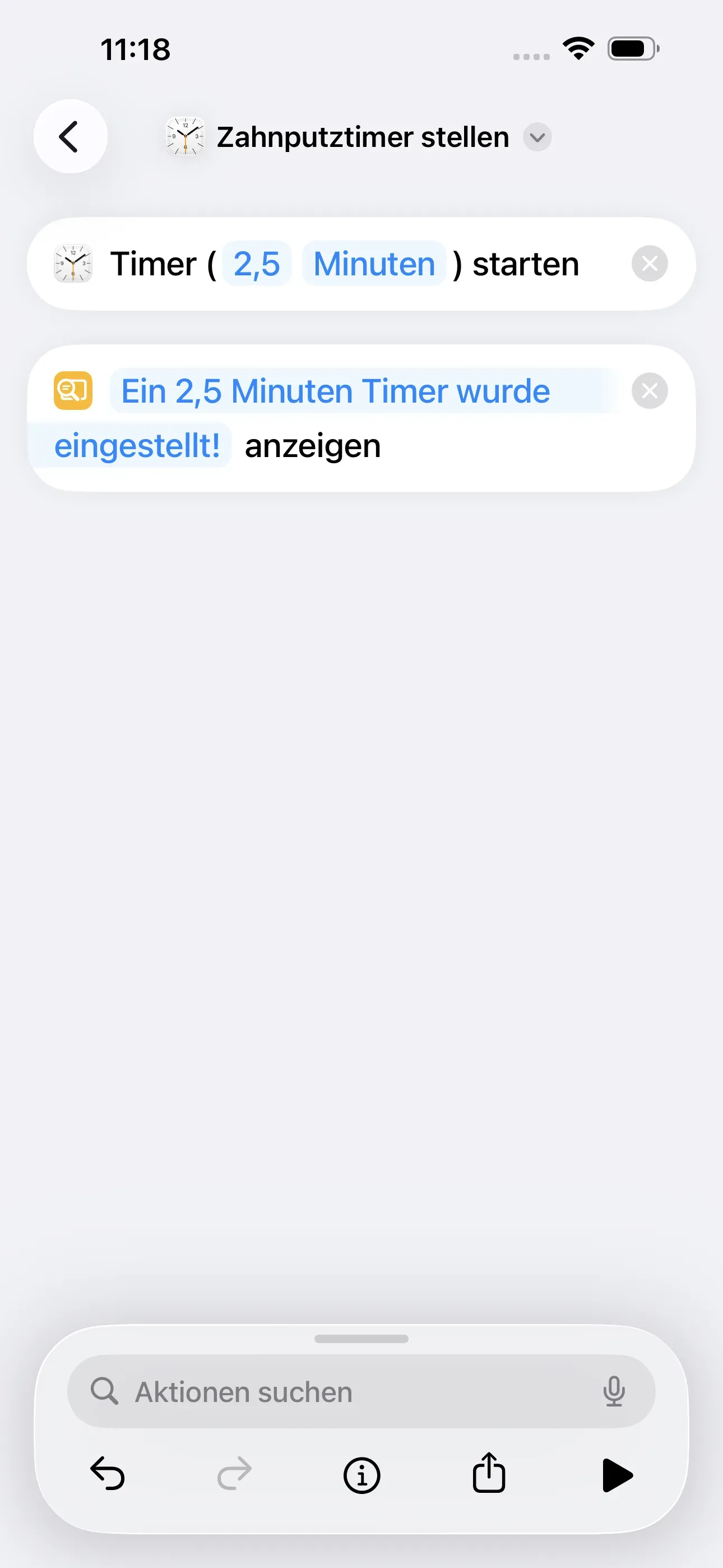 Im Feld „Inhalte“ steht „Ein 2,5 Minuten Timer wurde eingestellt!“.