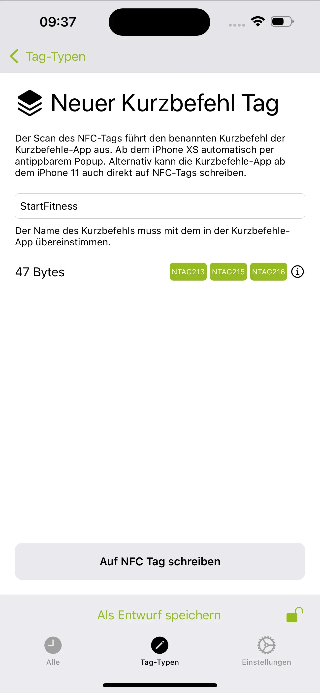 In der App NFC21 Tools wird ein neuer Kurzbefehl Tag erstellt. Hierfür befinden wir uns auf der Aktion „Neuer Kurzbefehl Tag“ und in dem unteren Feld steht der Name des Kurzbefehls „StartFitness“.