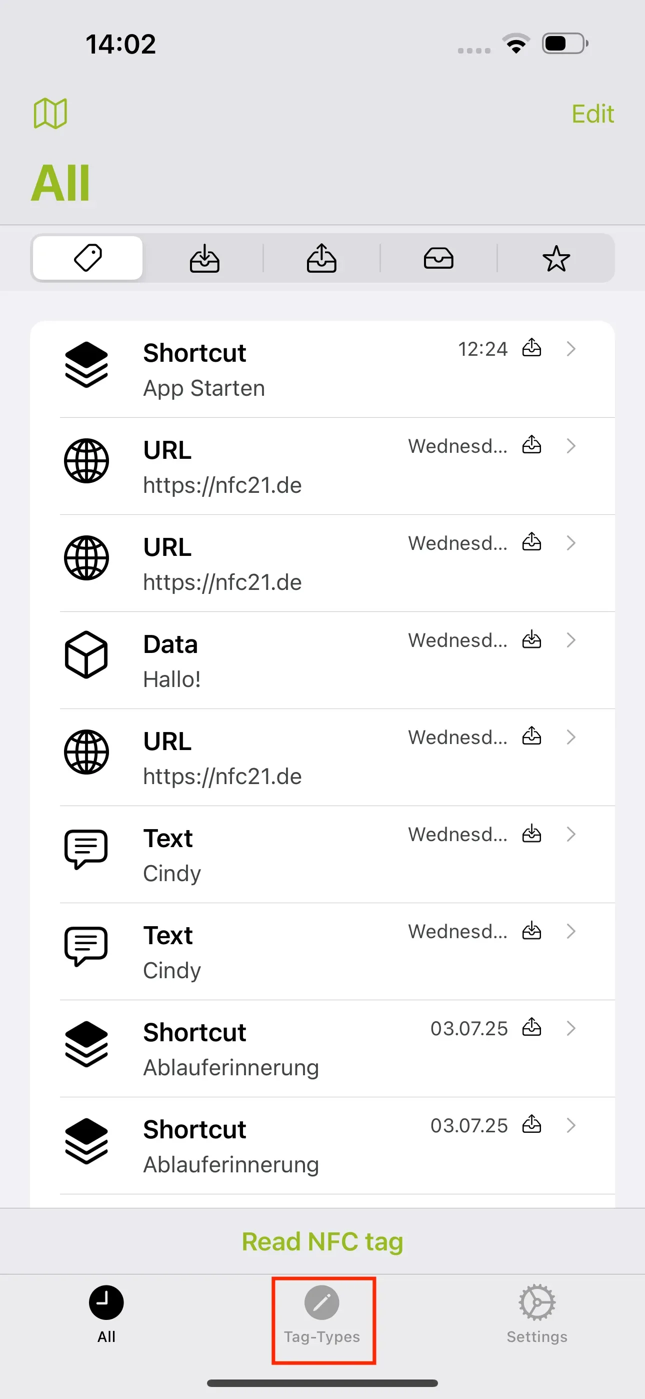 The NFC21 Tools app home screen will appear. Here, you need to tap on “Tag-Types” at the bottom center.