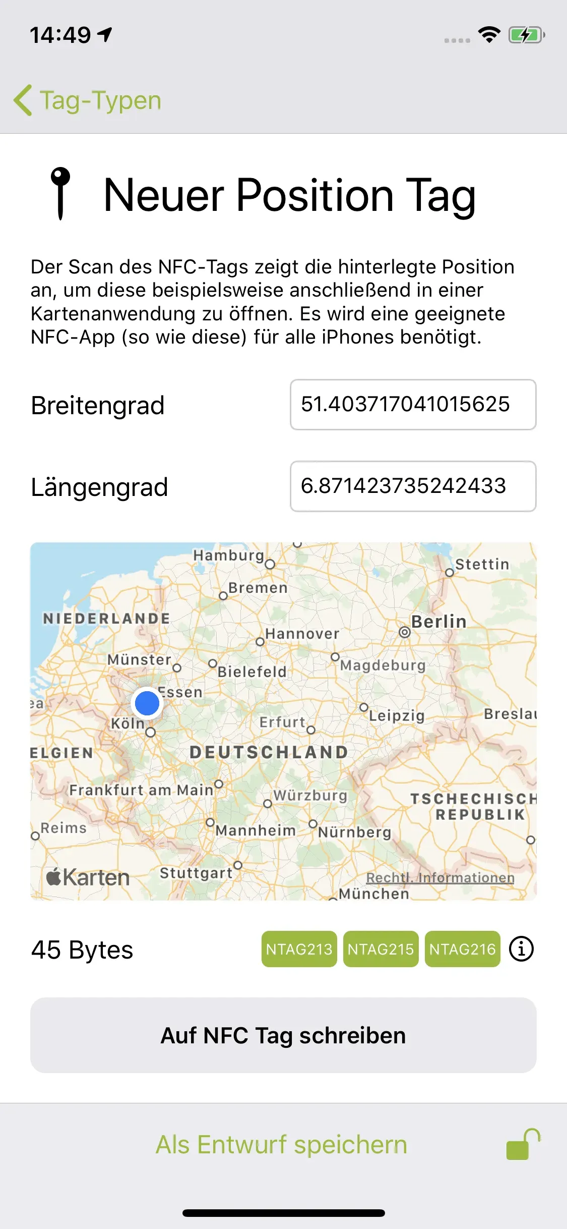 Die Seite „Neuer Position Tag“ ist erkennbar und es kann der Breiten- und Längengrad eingetragen. Anhand dessen kann die Position beim Scan des NFC-Tags angezeigt werden soll.