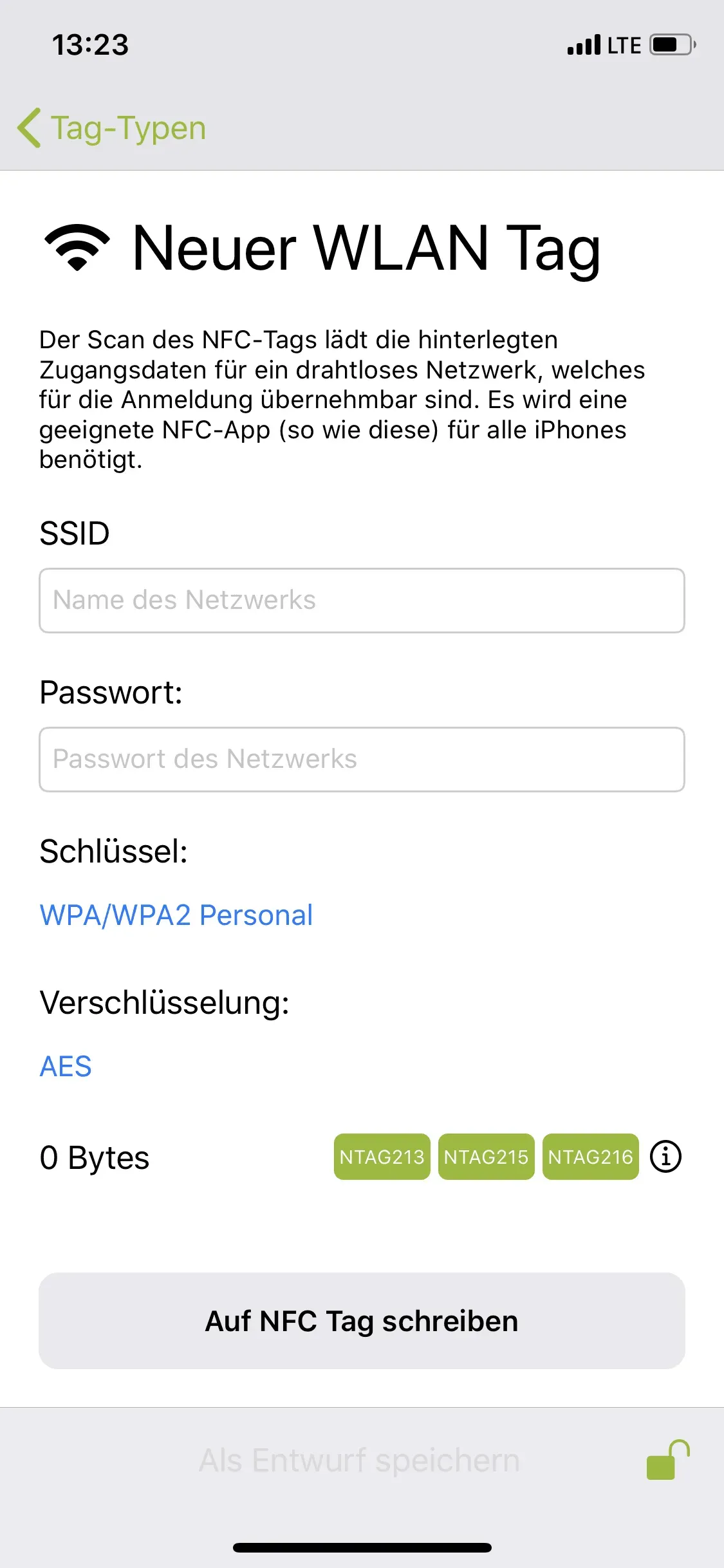 Es soll ein neuer WLAN Tag gespeichert werden, hierfür muss der Name und das Passwort des Netzwerks, der Schlüssel und die Verschlüsselung eingegeben werden.