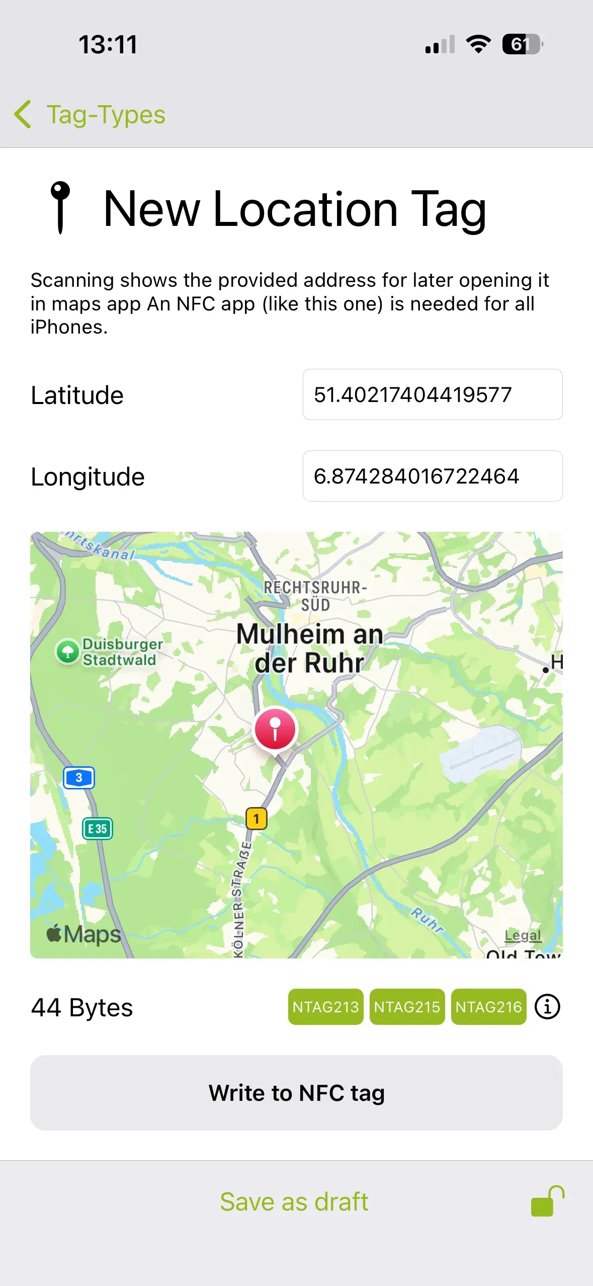 The “New Tag Location” page is displayed, and you can enter the latitude and longitude. Based on this information, the location will be displayed when the NFC tag is scanned.