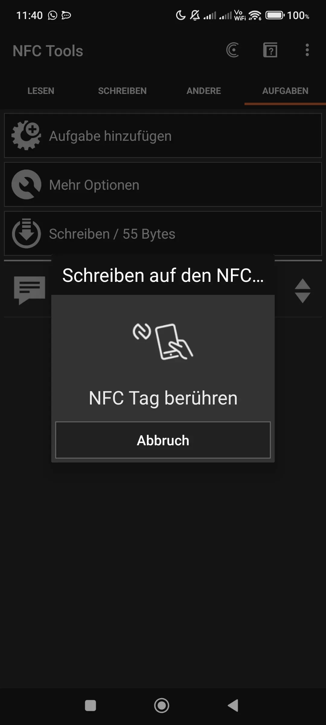 Die Aufgabe wird auf den NFC-Tag geschrieben.