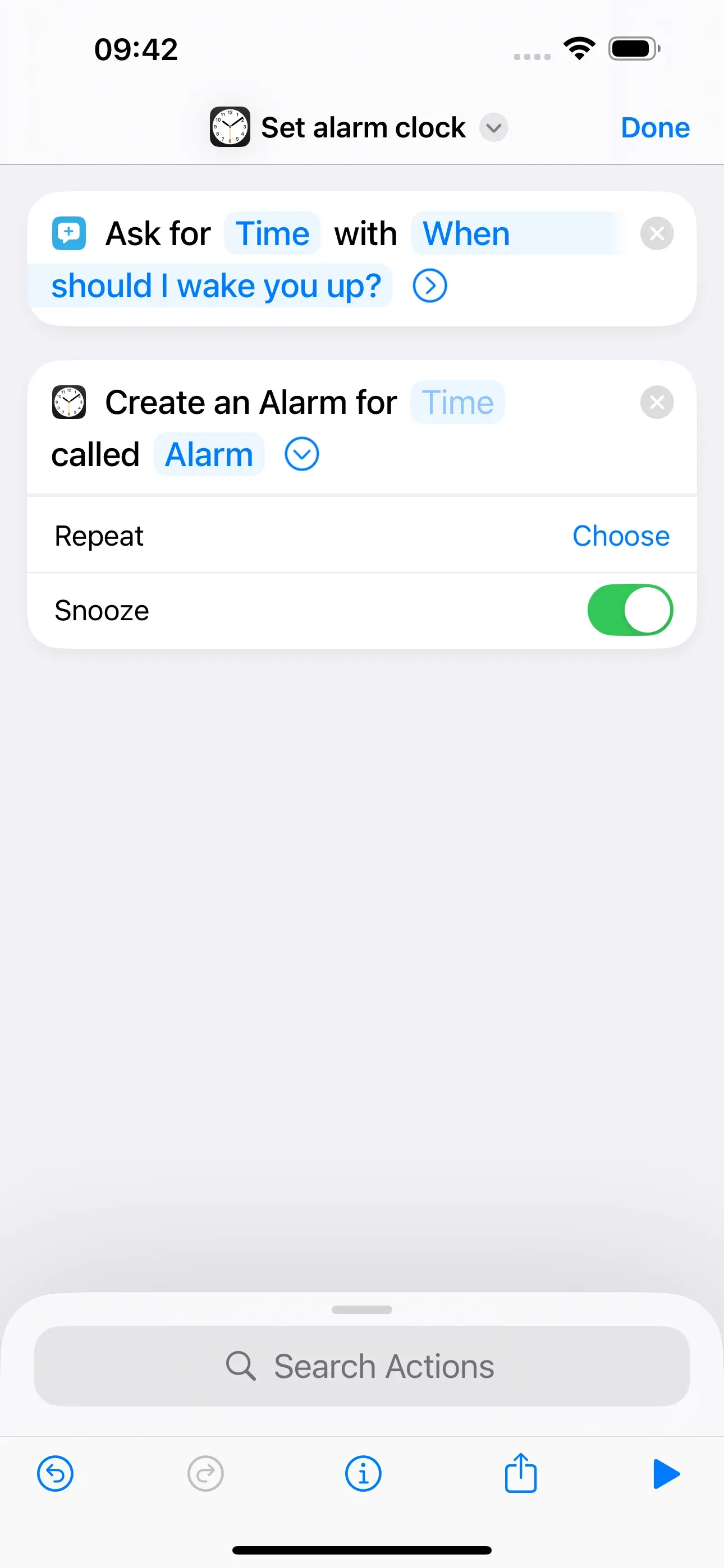 The action ‘Create an Alarm for Time called Alarm is executed. Snooze is set.