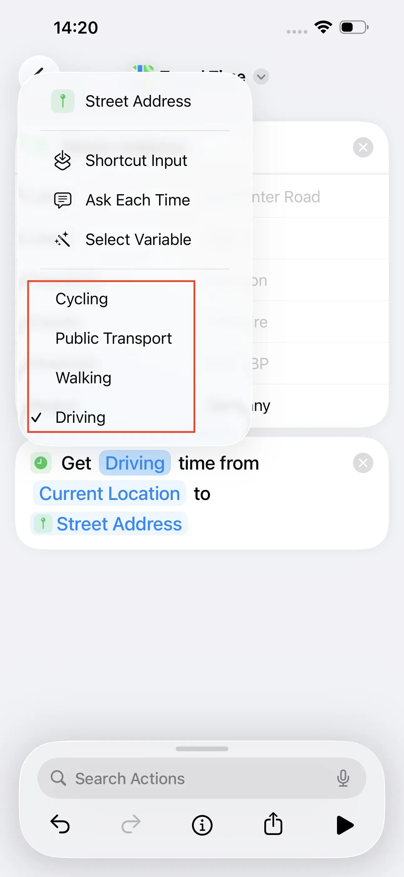 You must select how you will travel. The following options are available: cycling, public transport, walking, driving. In this case, driving is selected.