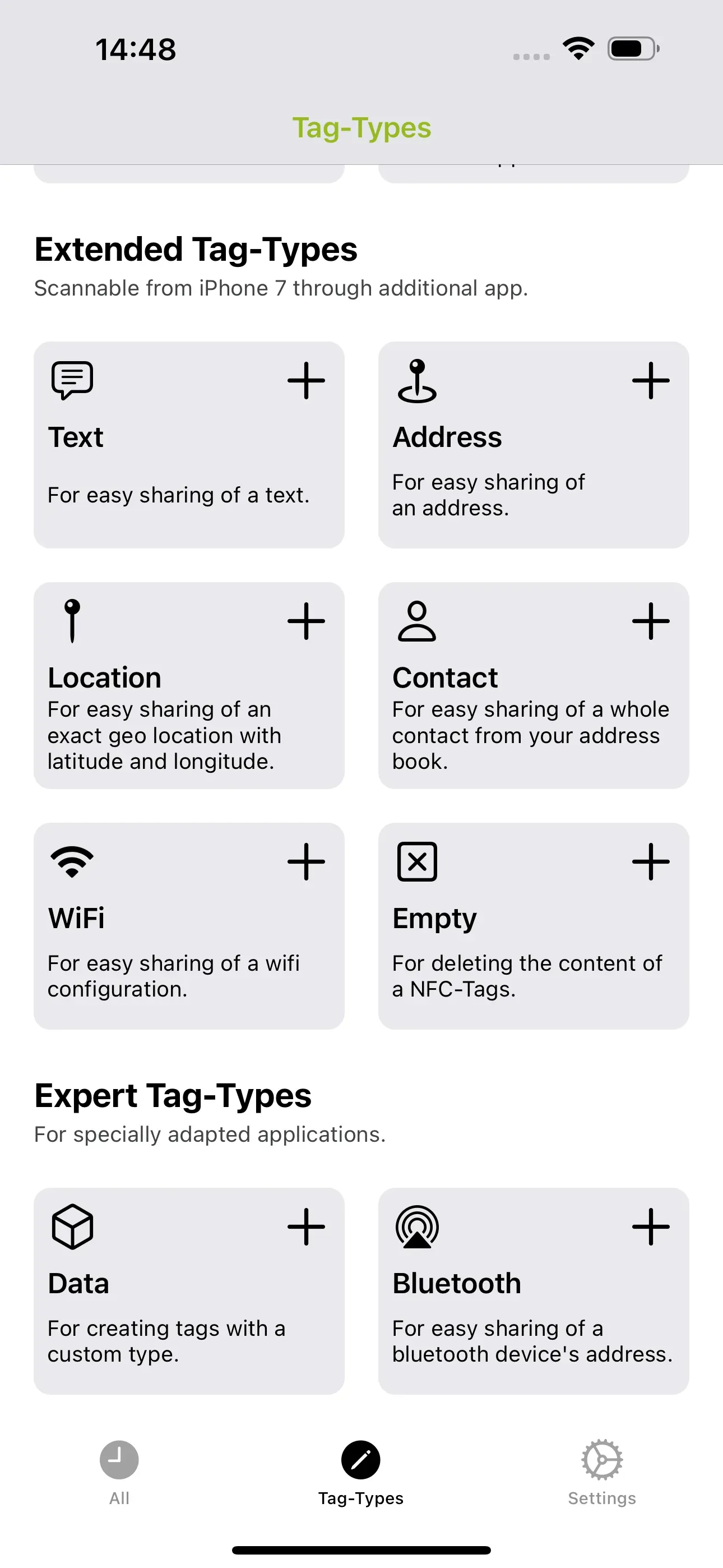The Extended Tag-Types are recognizable: Text, Location, WiFi, Address, Contact, Empty.
