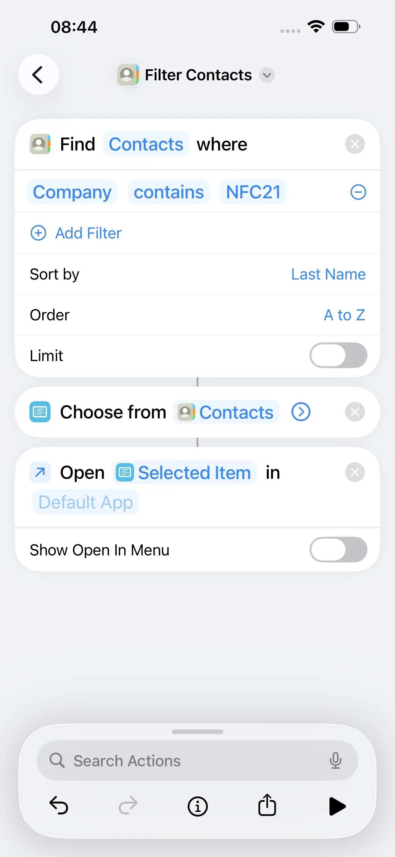 The action ‘Open selected item in default app’ is launched. This opens the selected contact in an app of your choice.