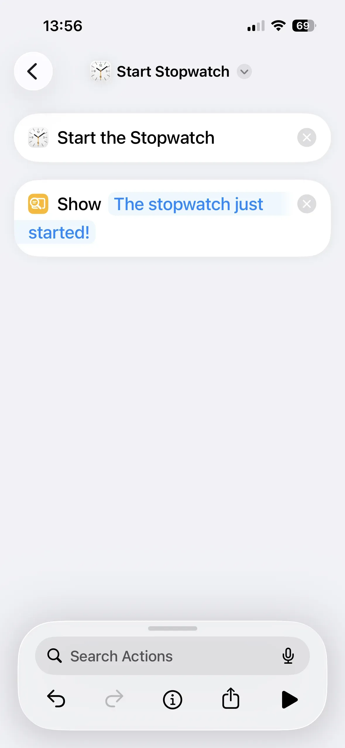 The “Start Stopwatch” action and the “Show Content” action, which displays the text “The stopwatch just started!”, are clearly visible.