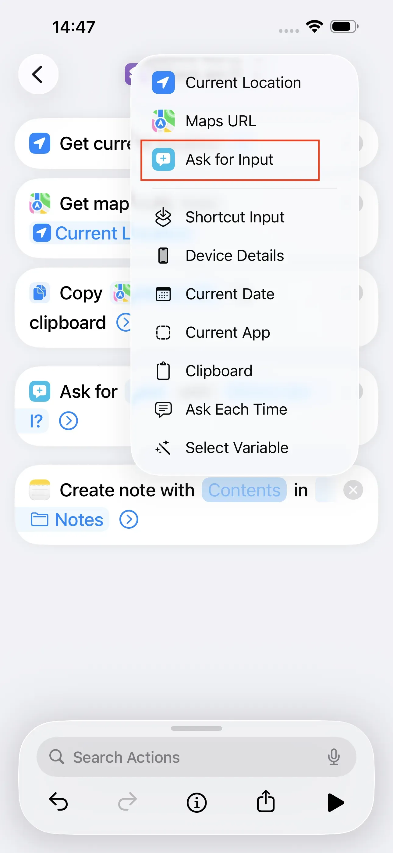 When you press the ‘Contents’ field, the option ‘Ask for Input’ appears. This is outlined in red.