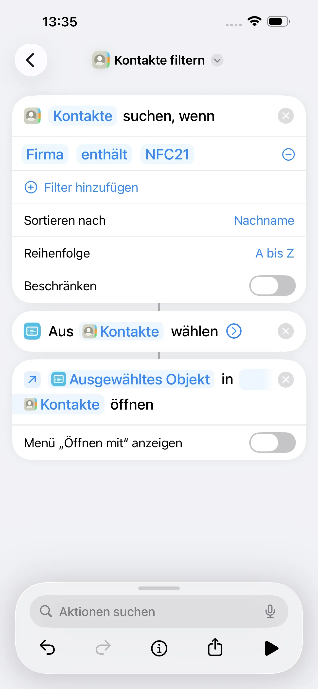 Als Standard-App wird die „Kontakte App“ ausgewählt.