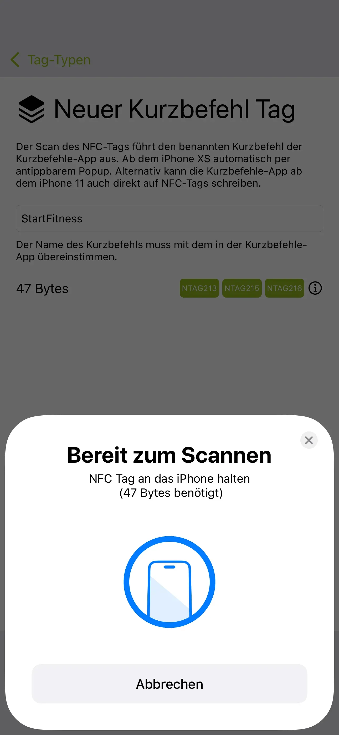 NFC-Tag soll mit dem iPhone gescannt werden.