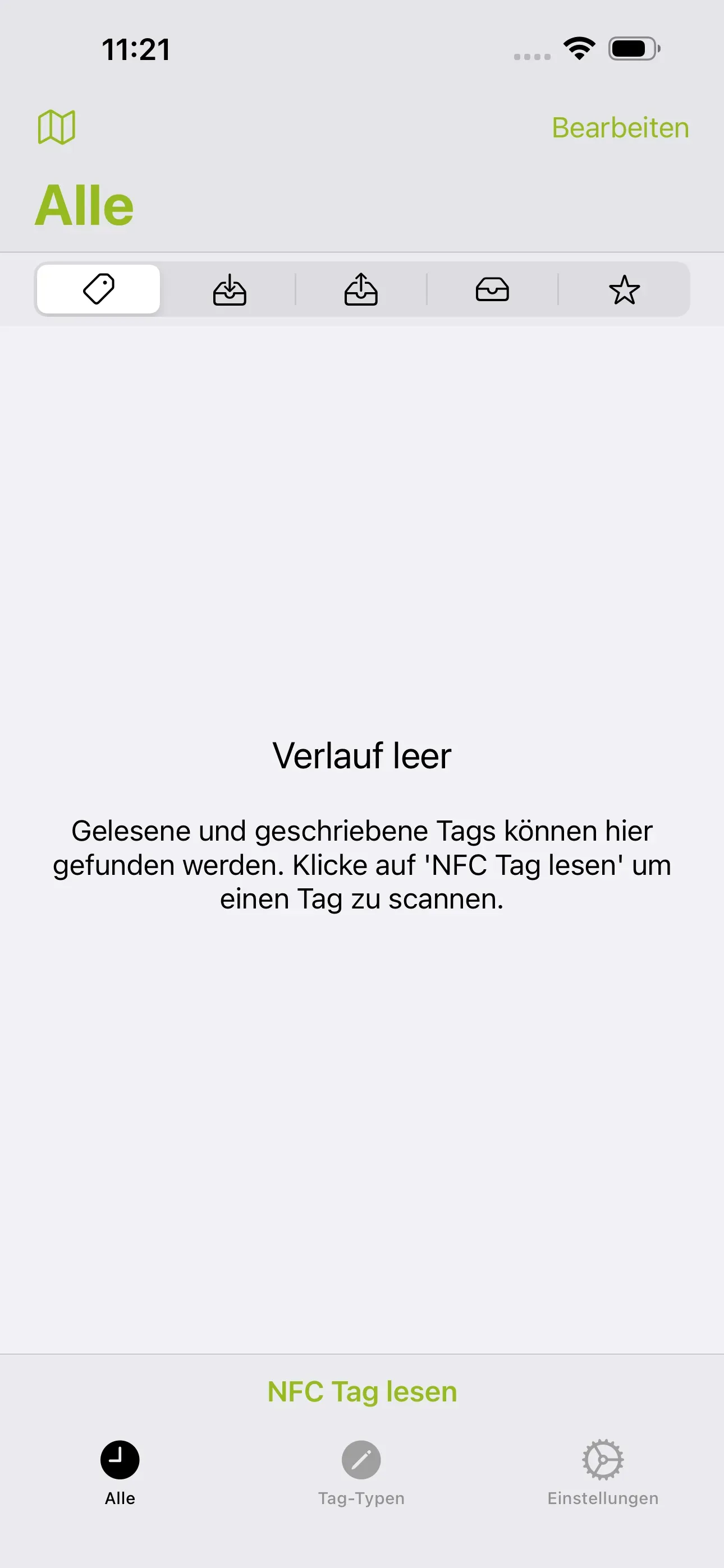 Die Startseite der NFC21 Tools App wird angezeigt. 