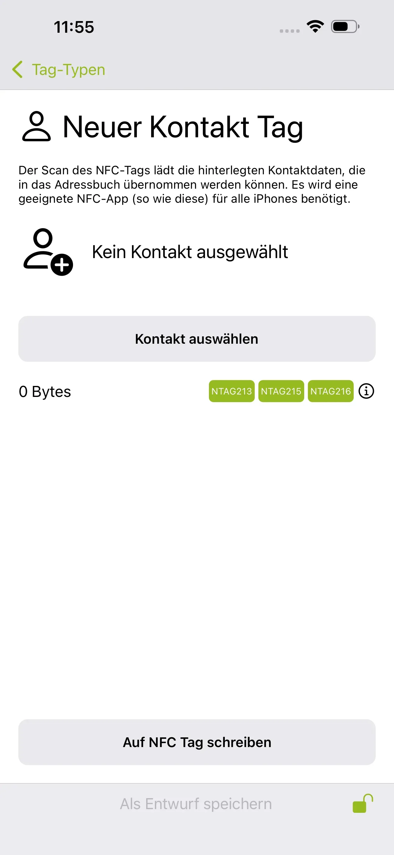 Die Seite „Neuer Kontakt Tag“ ist erkennbar und es soll der Kontakt ausgewählt werden, der auf den NFC-Tag geschrieben werden soll.
