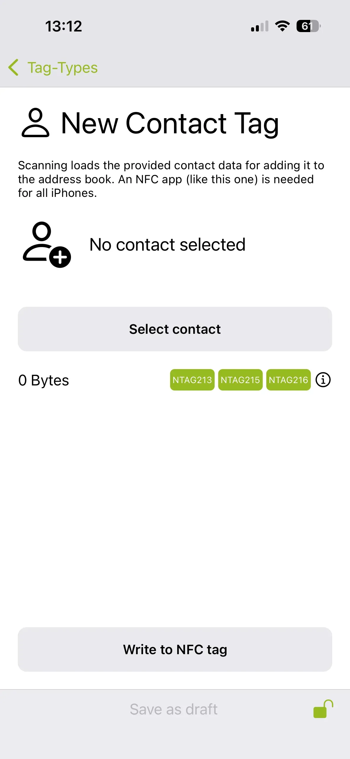 The “New Contact Tag” page appears, and you can select the contact you want to save to the NFC tag.