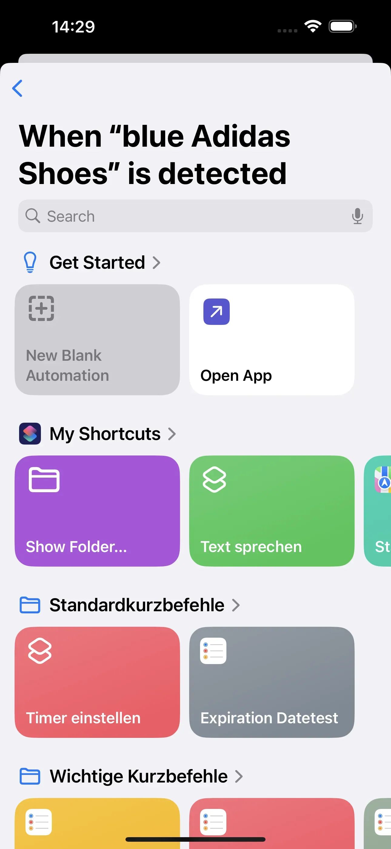 The ‘When “blue Adidas Shoes” is detected’ window appears. Below it is the ‘New Blank Automation’ action.