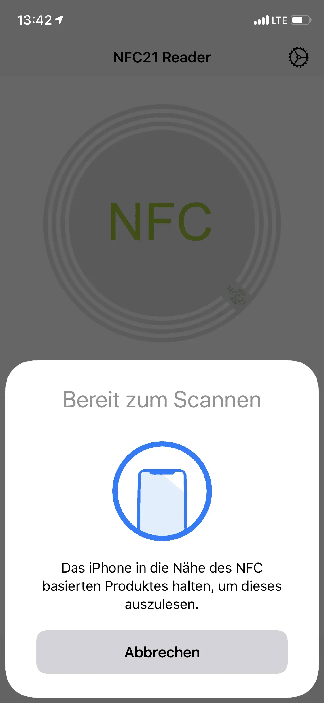 Mit der NFC21 Reader App, kann der NFC-Tag gescannt werden.