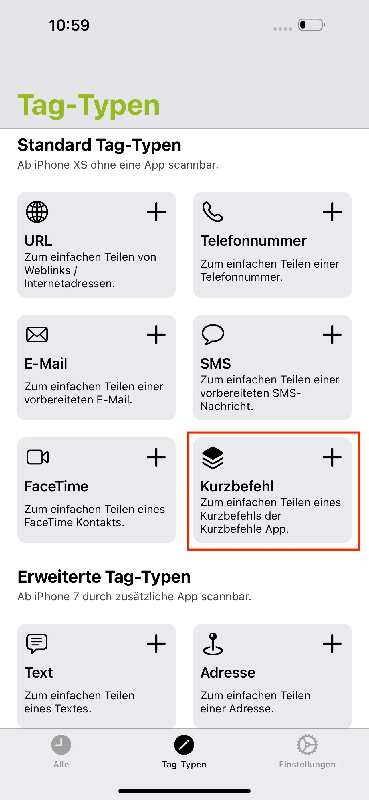 Im Fenster „Tag-Typen“ tippen Sie auf „+ Kurzbefehl“.