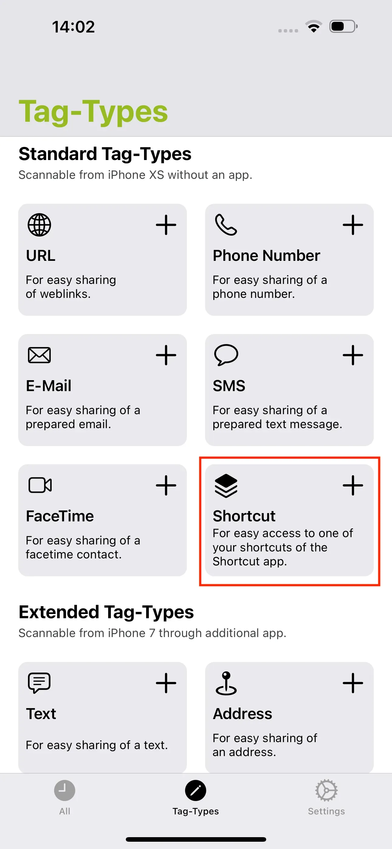 In the “Tag Types” window, tap “+ Shortcut.”
