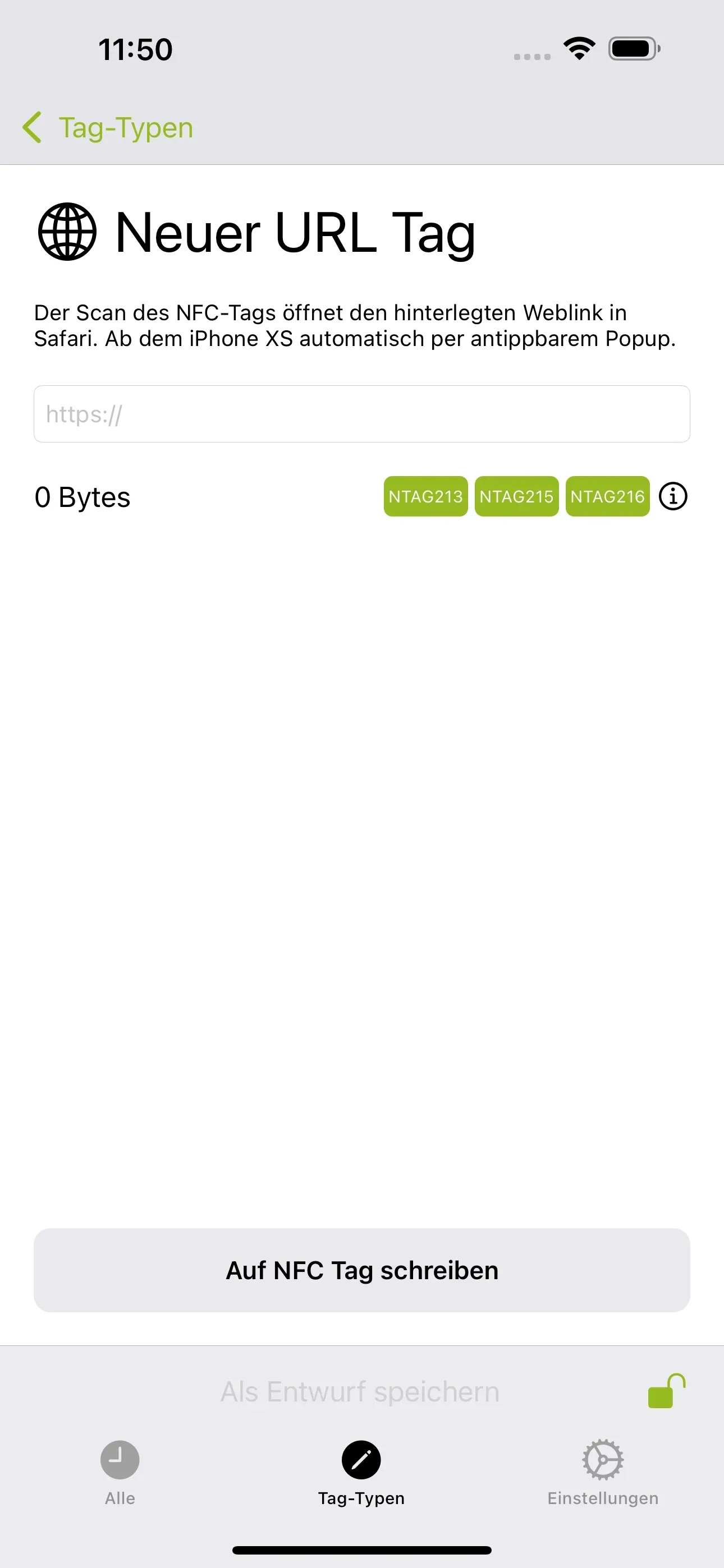 Die Seite „Neuer URL Tag“ ist erkennbar und in das untere Feld soll die URL der jeweiligen Website, auf die man beim Scan des NFC-Tags gelangen möchte, eingetragen werden.