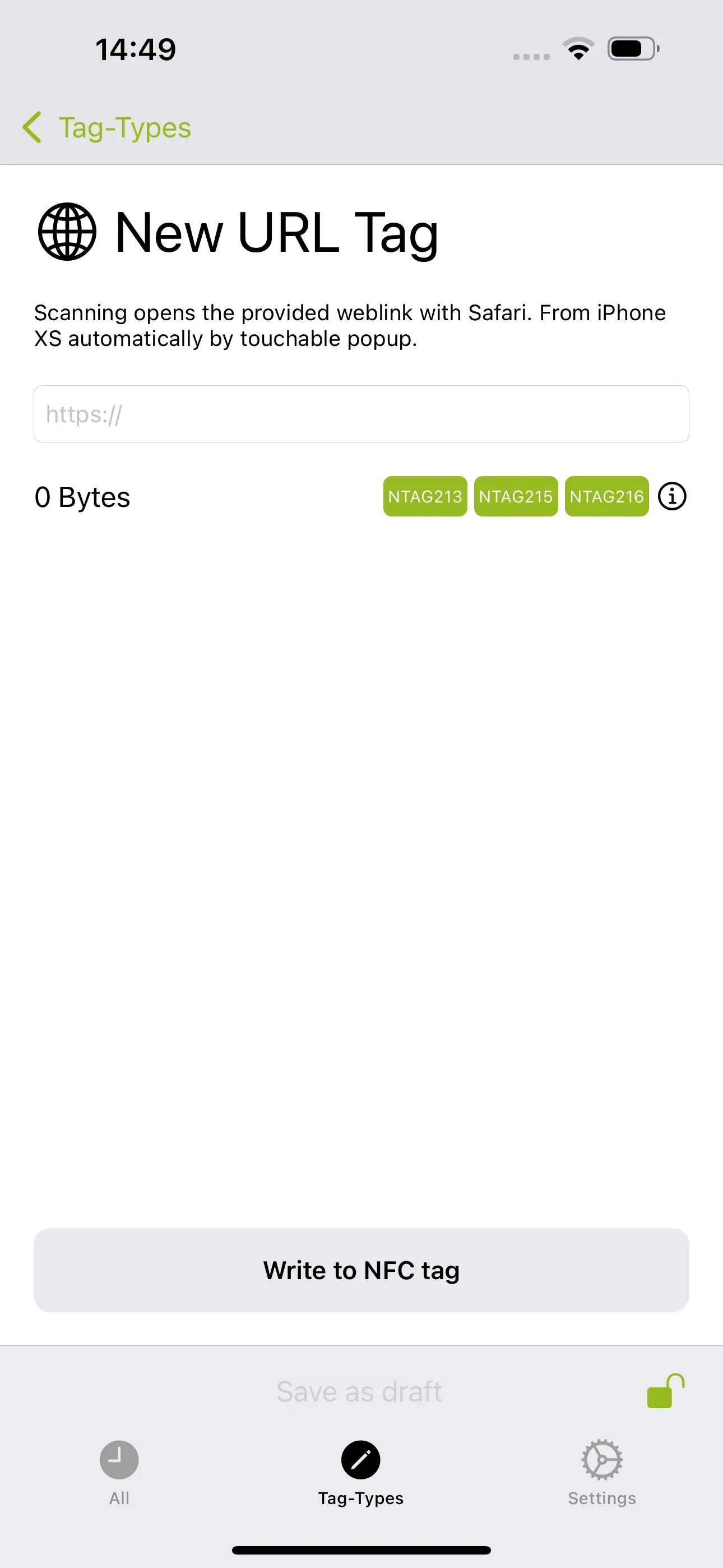 The “New URL Tag” page is visible, and the URL of the website you want to access when scanning the NFC tag should be entered in the field below.