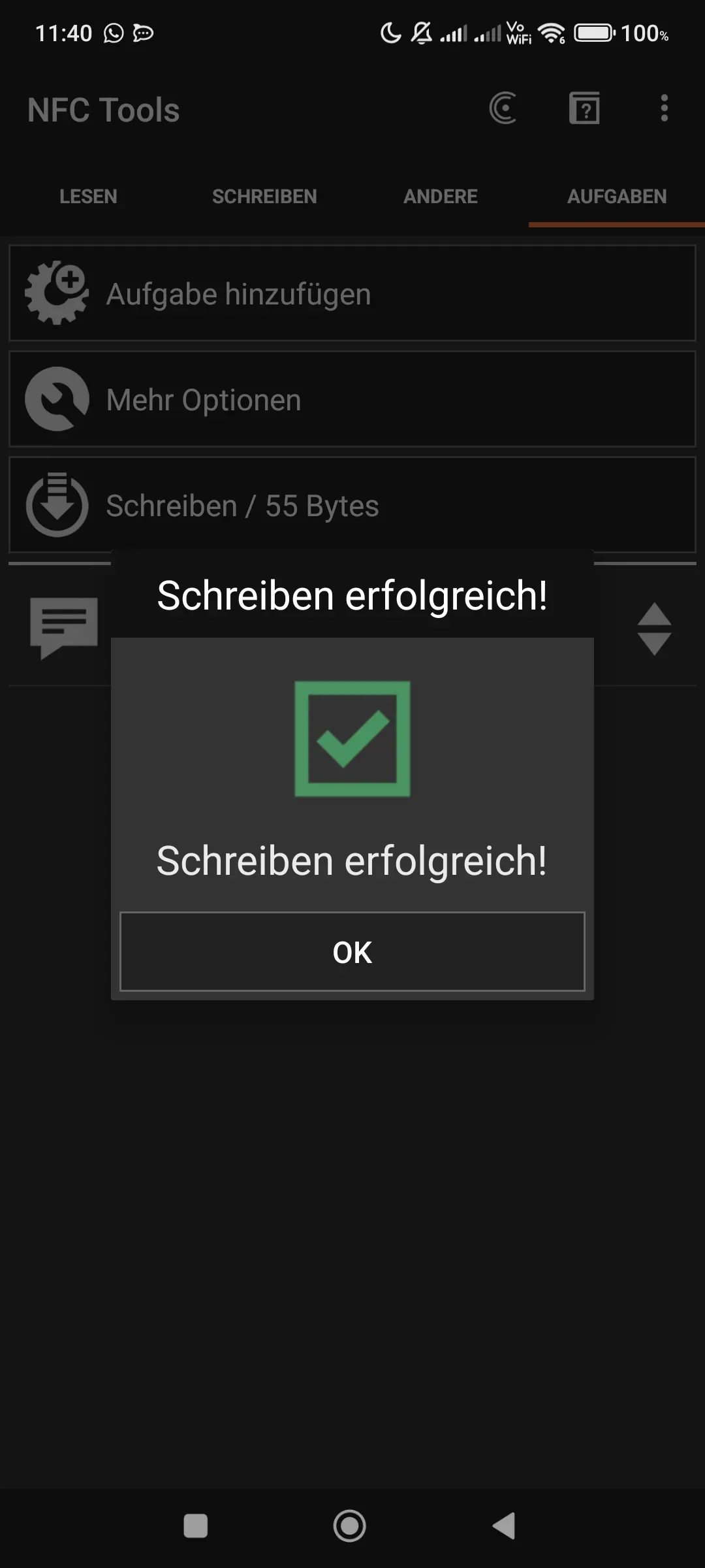 Es erscheint die Nachricht „Schreiben erfolgreich!“ und der NFC-Tag wurde erfolgreich beschrieben.