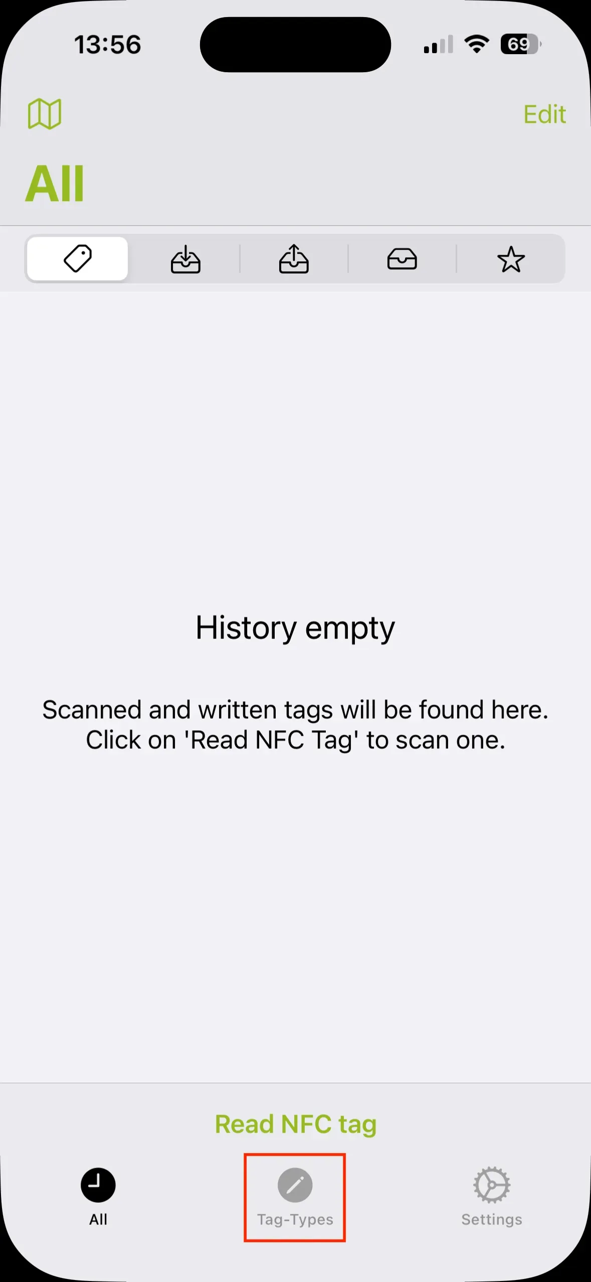 The NFC21-Tools app's home screen appears, and the “Tag-Types” category (in the center of the bottom navigation bar) is highlighted in red.