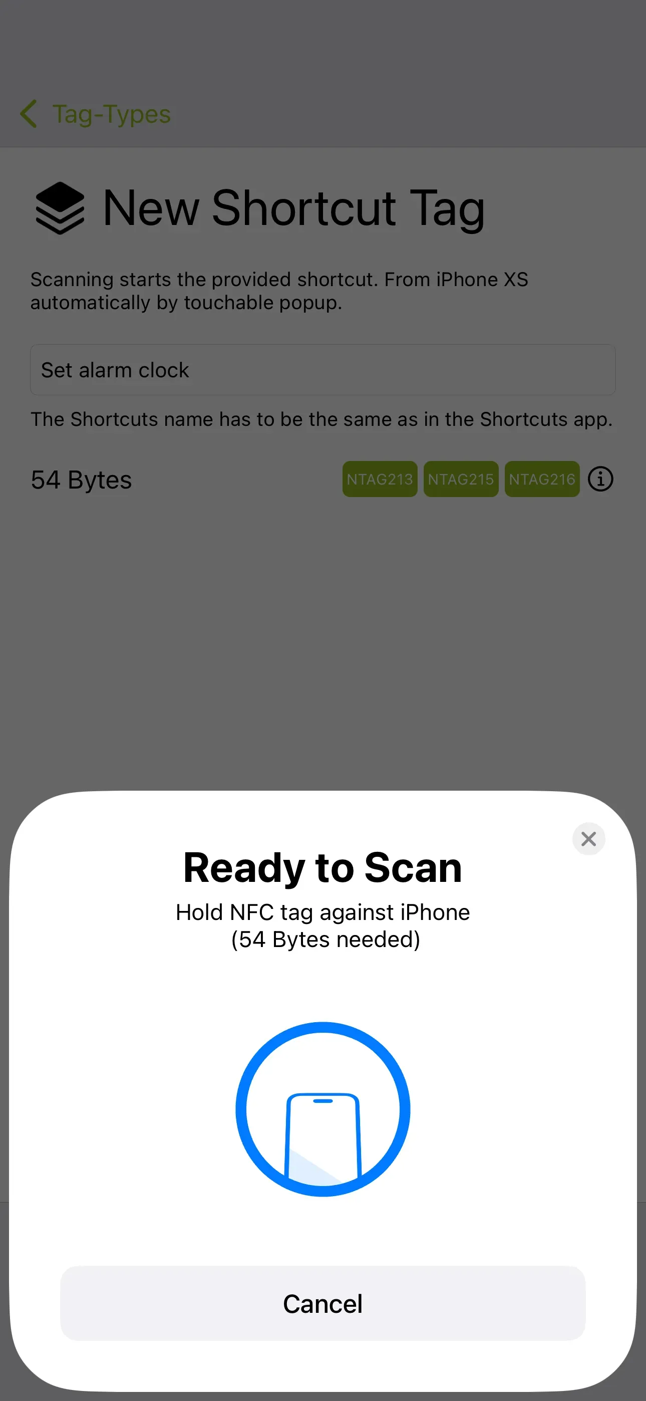 The shortcut is saved to the iPhone using the NFC21 Tools app.