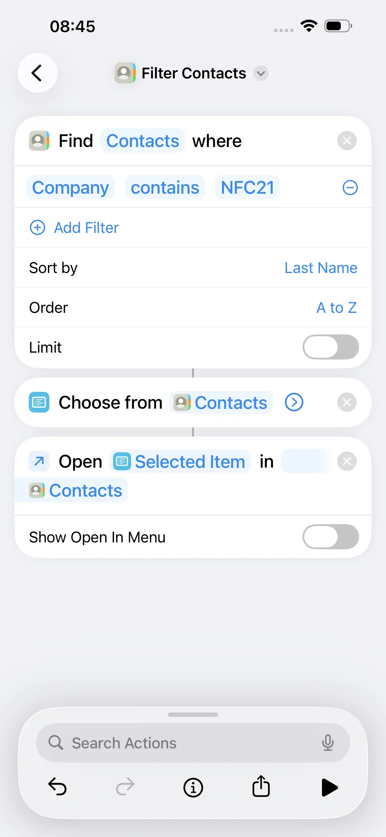 The ‘Contacts app’ is selected as the default app.