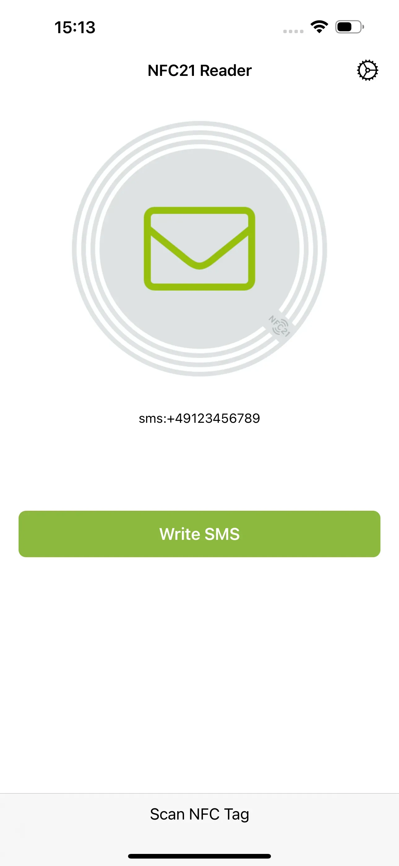 When scanning the NFC tag with the NFC21 Reader app, the mobile phone number stored on it appears, which can be contacted via text message. The text message can be composed directly using the ‘Write SMS’ button below.