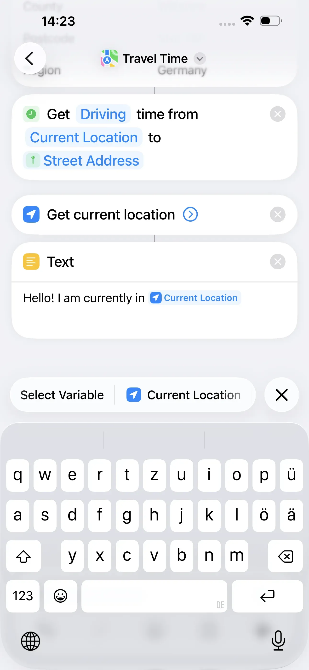 Enter the following in the text field: “Hello! I am currently in Current Location.” The “Current Location” action is located above the keyboard.