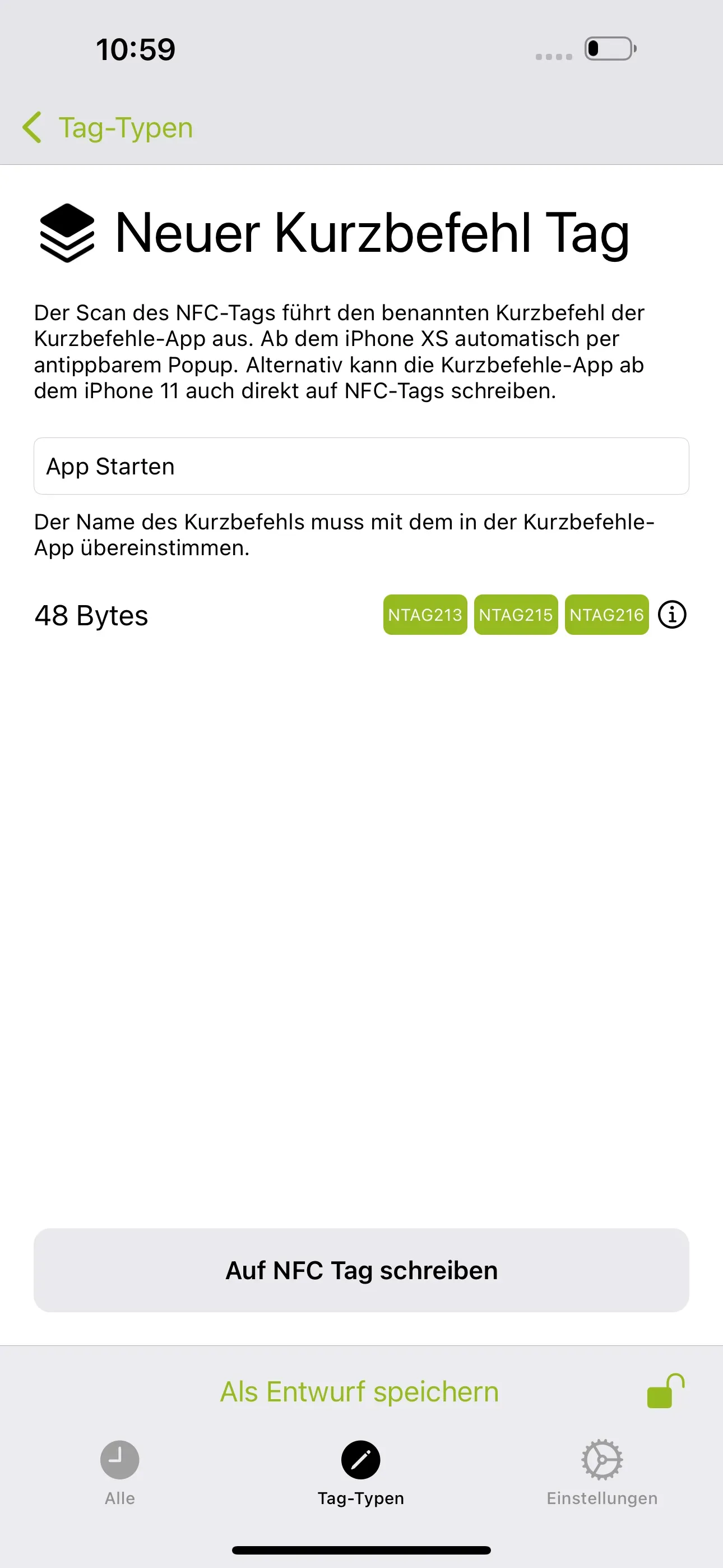 Neuer Kurzbefehl Tag wird gespeichert mit dem Namen 