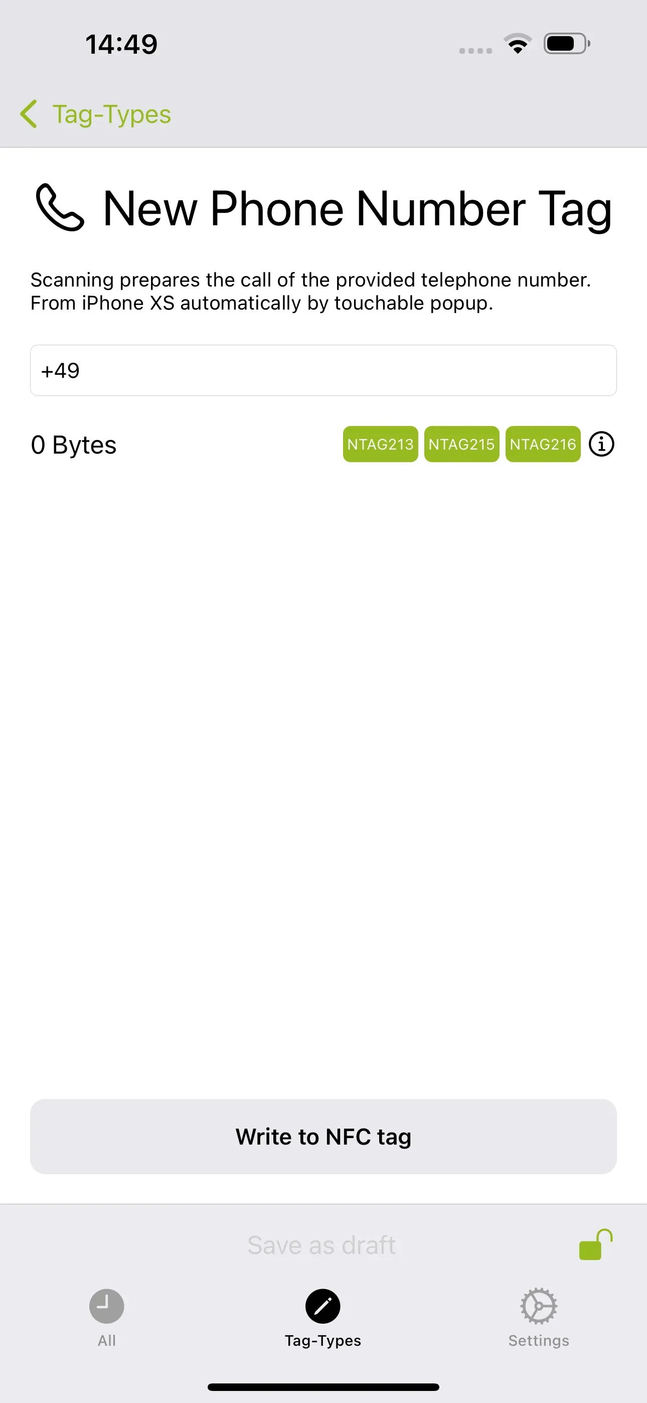 The “New Phone Number Tag” page is visible, and the phone number of the person you want to call when scanning the NFC tag should be entered in the field below.
