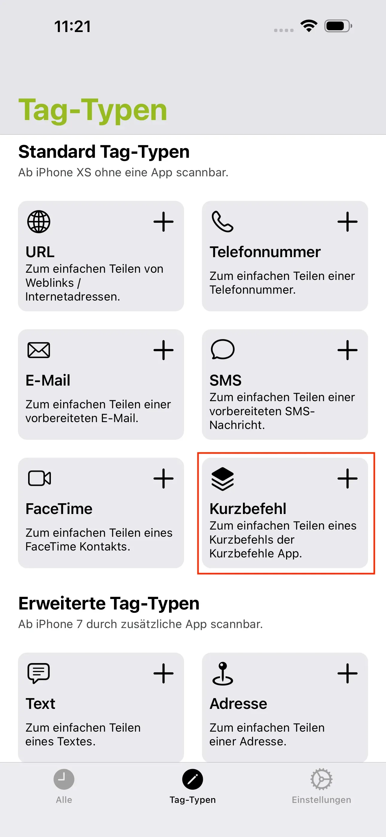 Der Bereich Tag-Typen zeigt verschiedene Tag-Typen an. Der Typ „Kurzbefehl +“ ist rot umrahmt. 