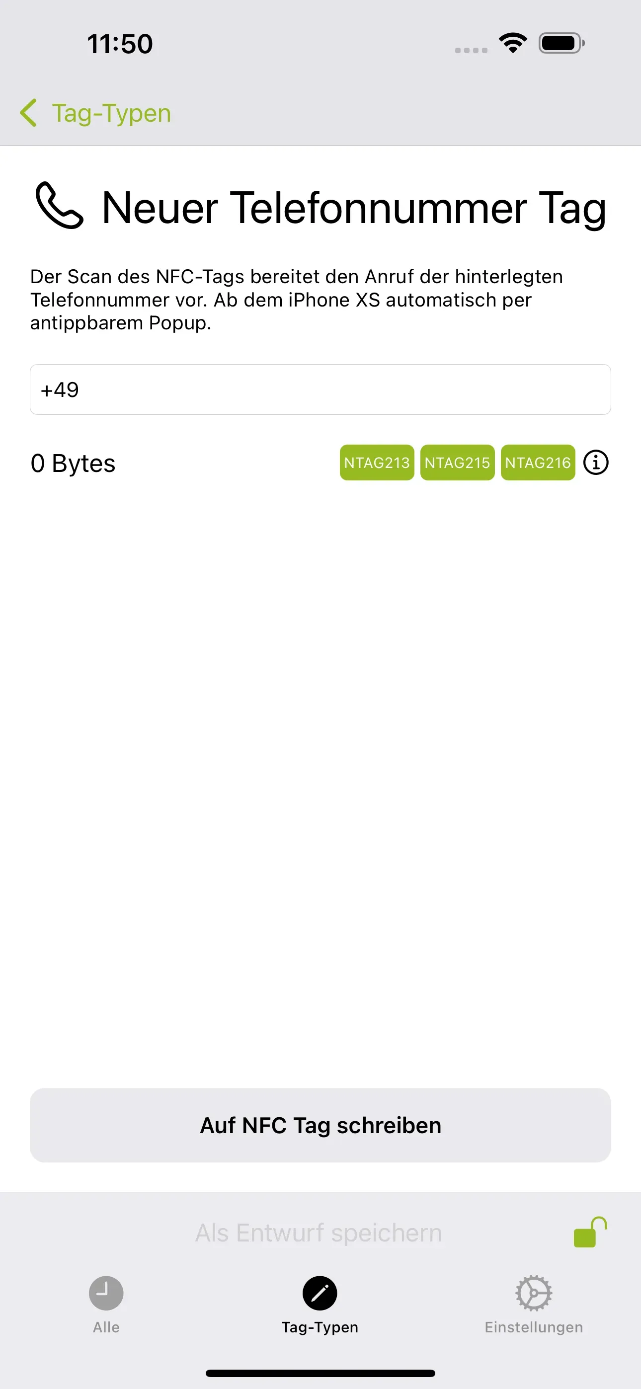 Die Seite „Neuer Telefonnummer Tag“ ist erkennbar und in das untere Feld soll die Telefonnummer der Person eingetragen werden, die man beim Scan des NFC-Tags, anrufen möchte.