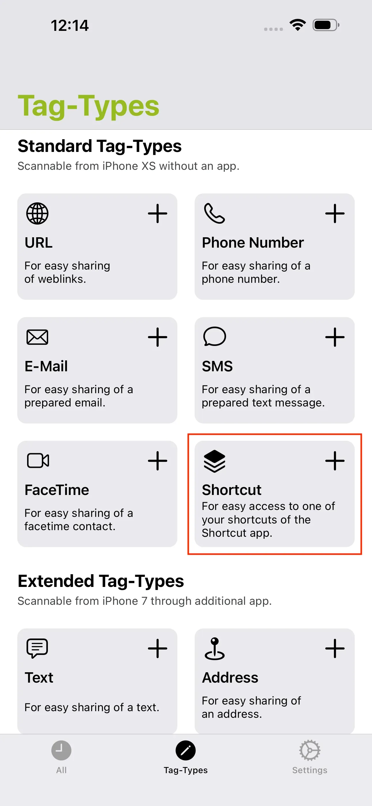 The Tag Types section displays various tag types. The type ‘Shortcut +’ is framed in red.