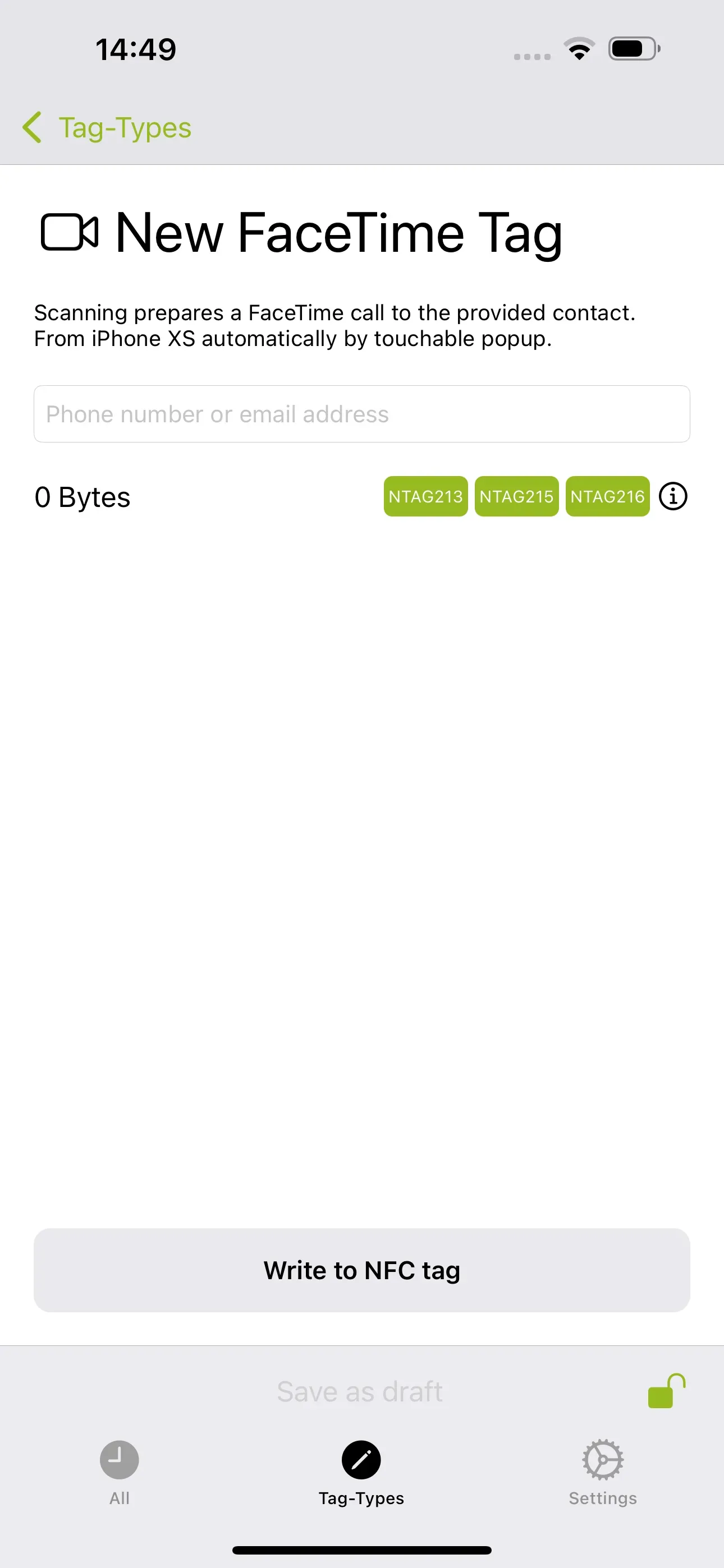 The “New FaceTime Tag” page is visible, and the phone number or email address of the person you want to start a FaceTime call with, should be entered in the field below, when scanning the NFC tag.