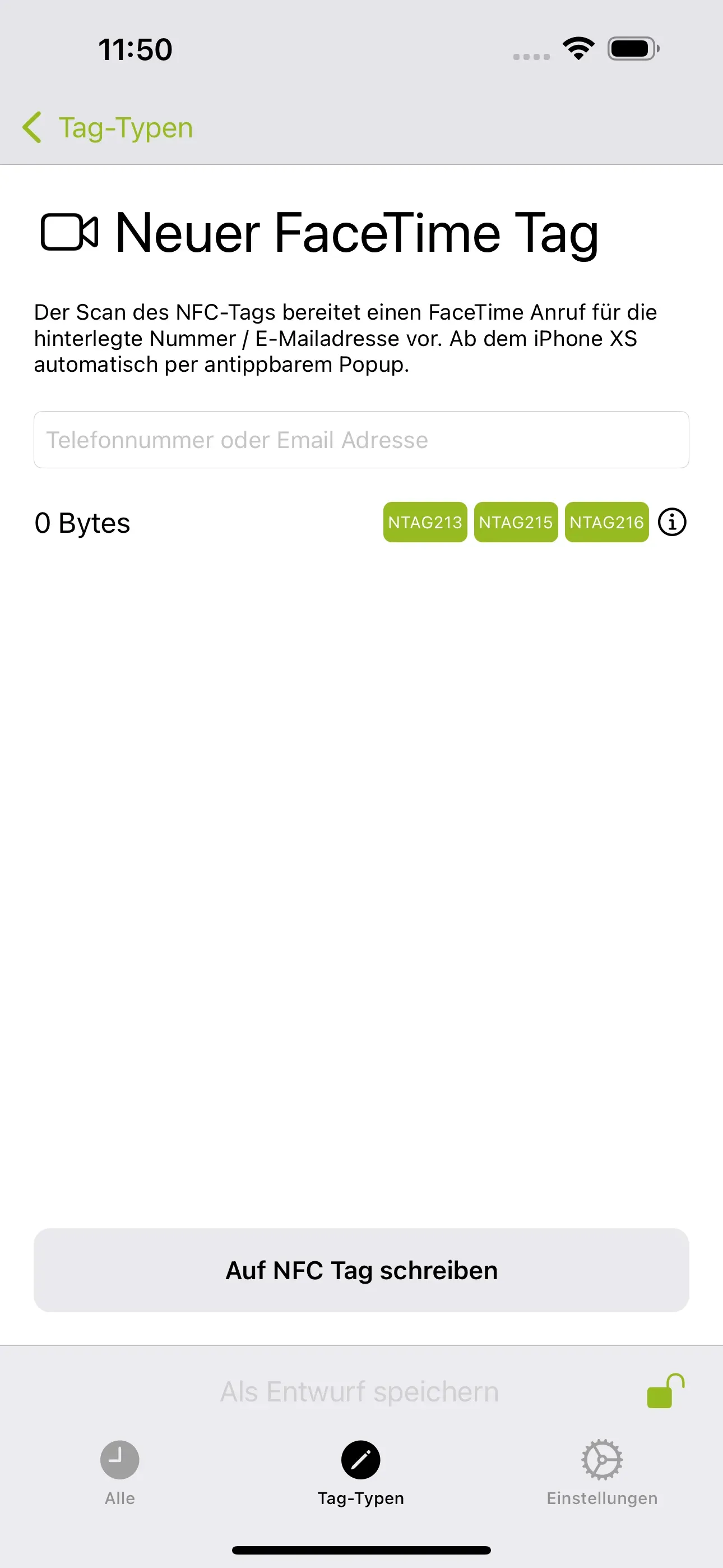 Die Seite „Neuer FaceTime Tag“ ist erkennbar und in das untere Feld soll die Telefonnummer oder E-Mail-Adresse der Person eingetragen werden, mit der man beim Scan des NFC-Tags, einen FaceTime-Anruf starten möchte.