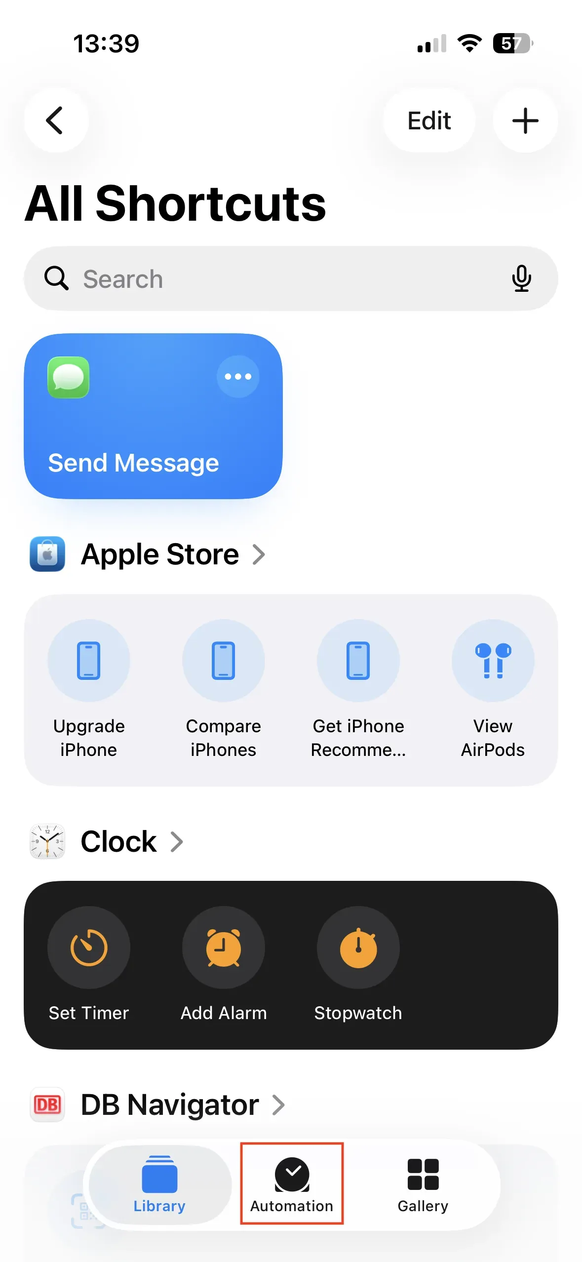 The home screen of the Shortcuts app appears. At the very bottom center is the “Automation” button.