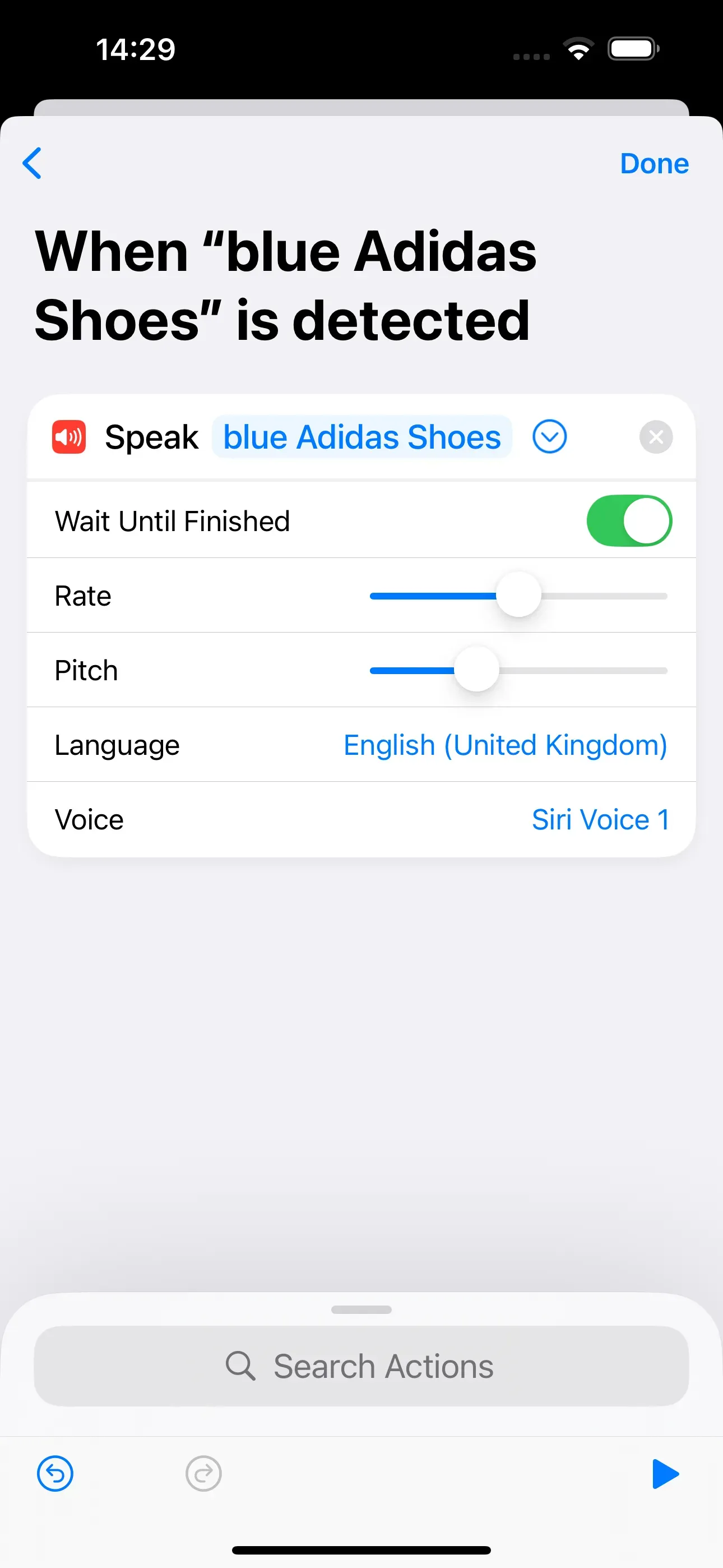 Additional options such as rate, pitch, language, and voice are displayed in the shortcut. 