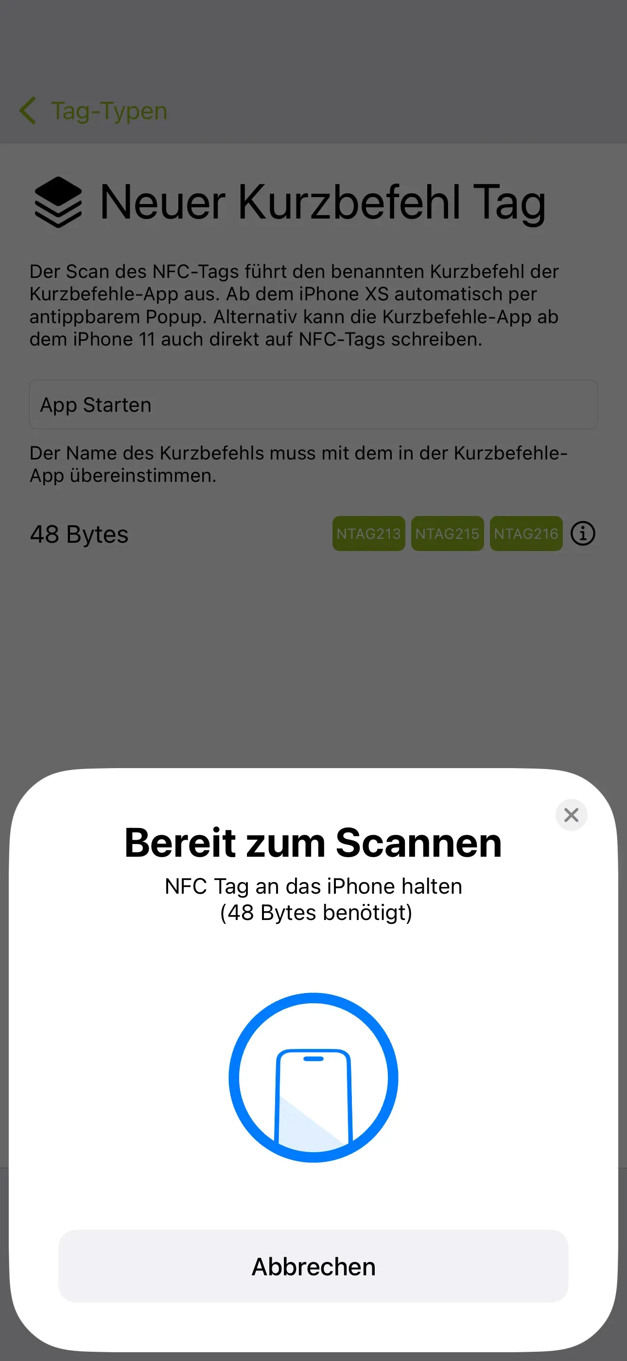 NFC-Tag soll mit dem iPhone gescannt werden.