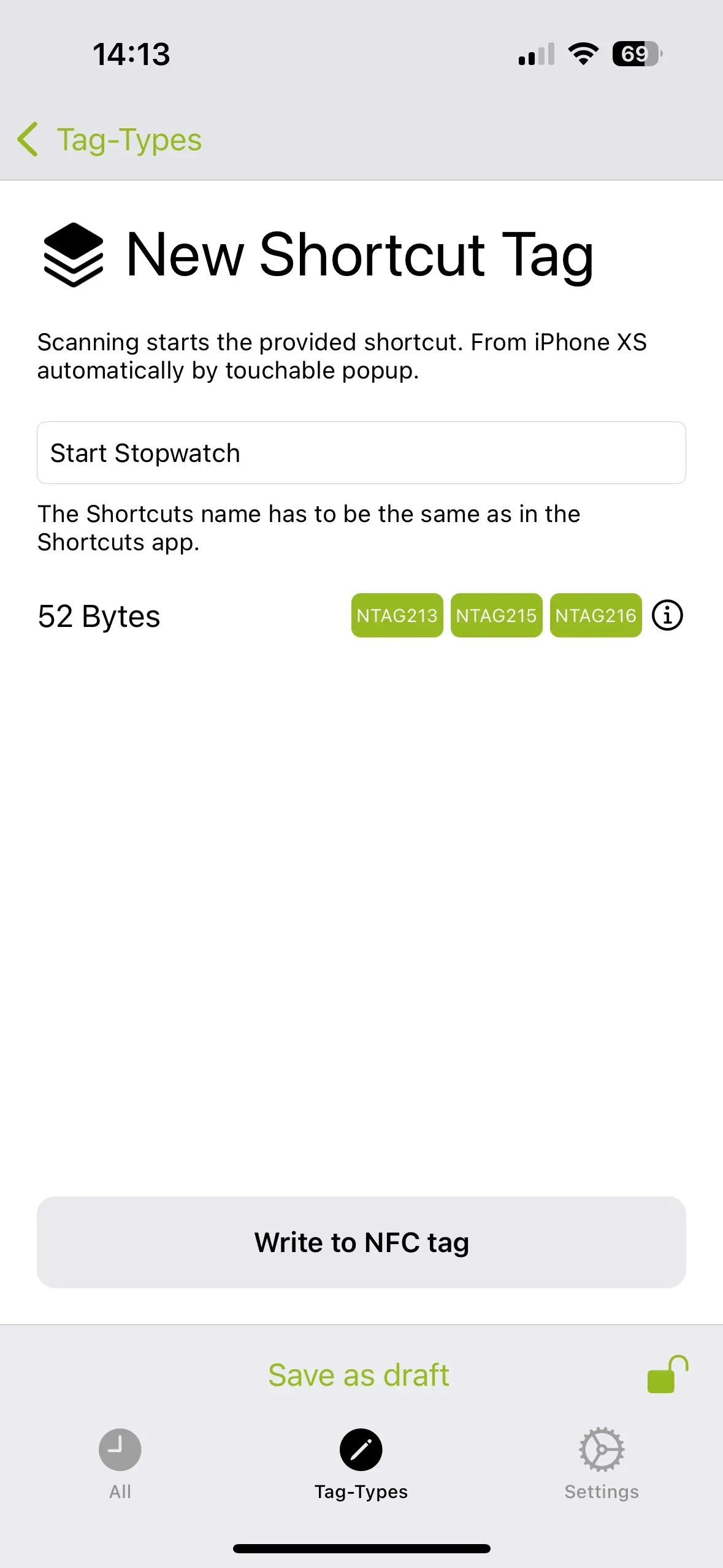 In the “New Shortcut Tag” window, the name of the NFC tag is “Start Stopwatch.”