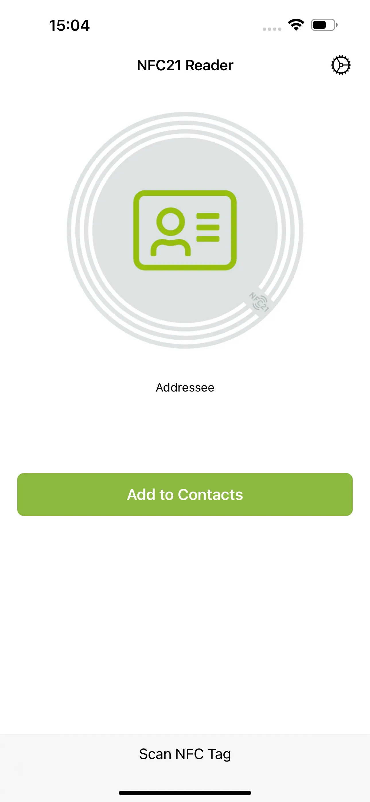 When scanning the NFC tag with the NFC21 Reader app, the contact stored on it appears. This can be added directly to your own contact list using the ‘Add to Contacts’ button below.