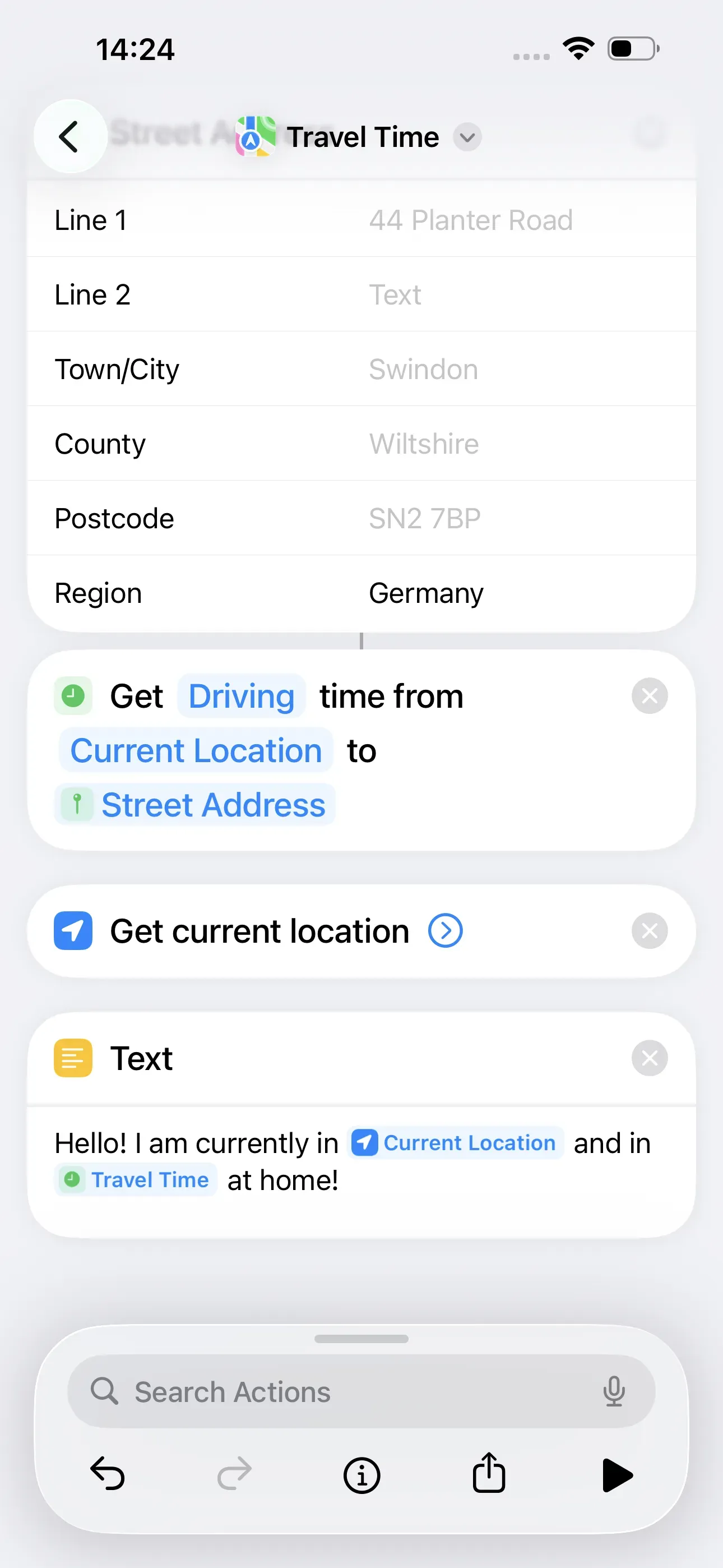 The full text reads: “Hello! I am currently at ”Current location“ and in ”Travel time“ at home!”