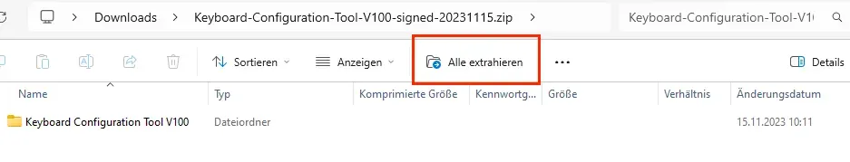 The download area of the file manager opens and you should click on ‘Extract all’ in the top right-hand corner.