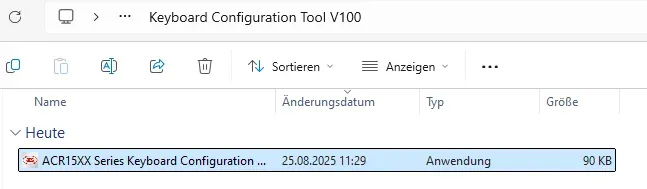 Die Anwendung „ACR15XX Series Keyboard Configuration Tool V100.exe“ soll mit einem Klick gestartet werden. 