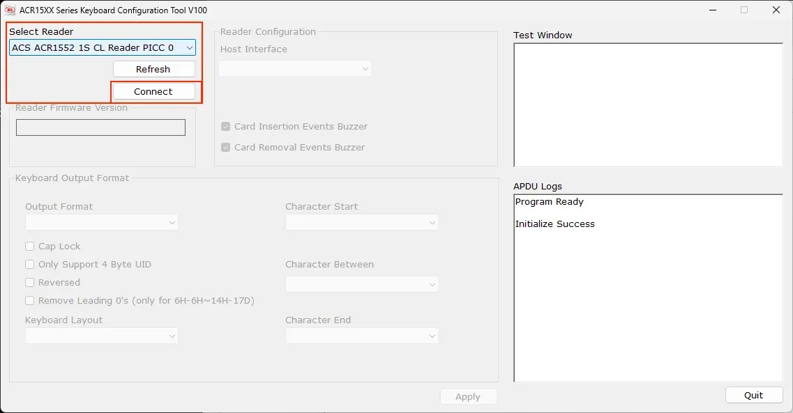 In the ‘Select Reader’ section, ‘ACS ACR1552 1S CL Reader PICC 0’ is displayed in the bar.
