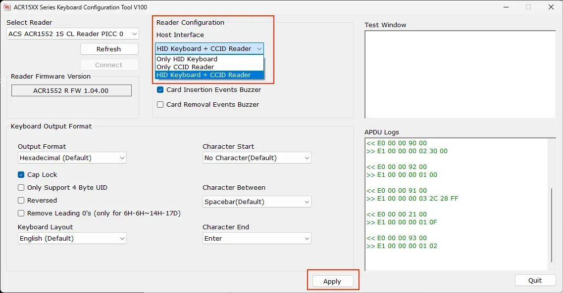 An input mode can be selected in the ‘Reader Configuration’ section under ‘Host Interface’.