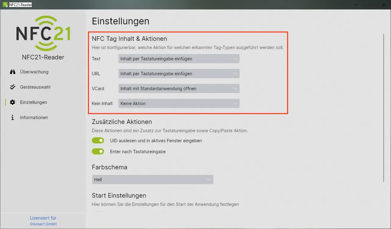 In the ‘NFC Tag content & actions’ area, you can choose between the options ‘No action’ and ‘Insert content via keyboard input’ in the fields.
