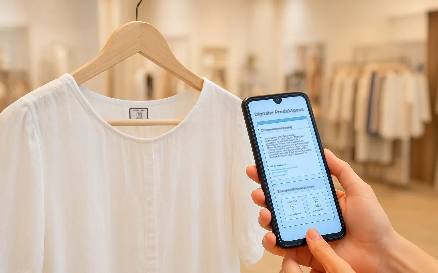 A T-shirt contains an NFC tag on which the digital product passport is stored. This is scanned with a smartphone and all the information from the DPP appears on the screen.