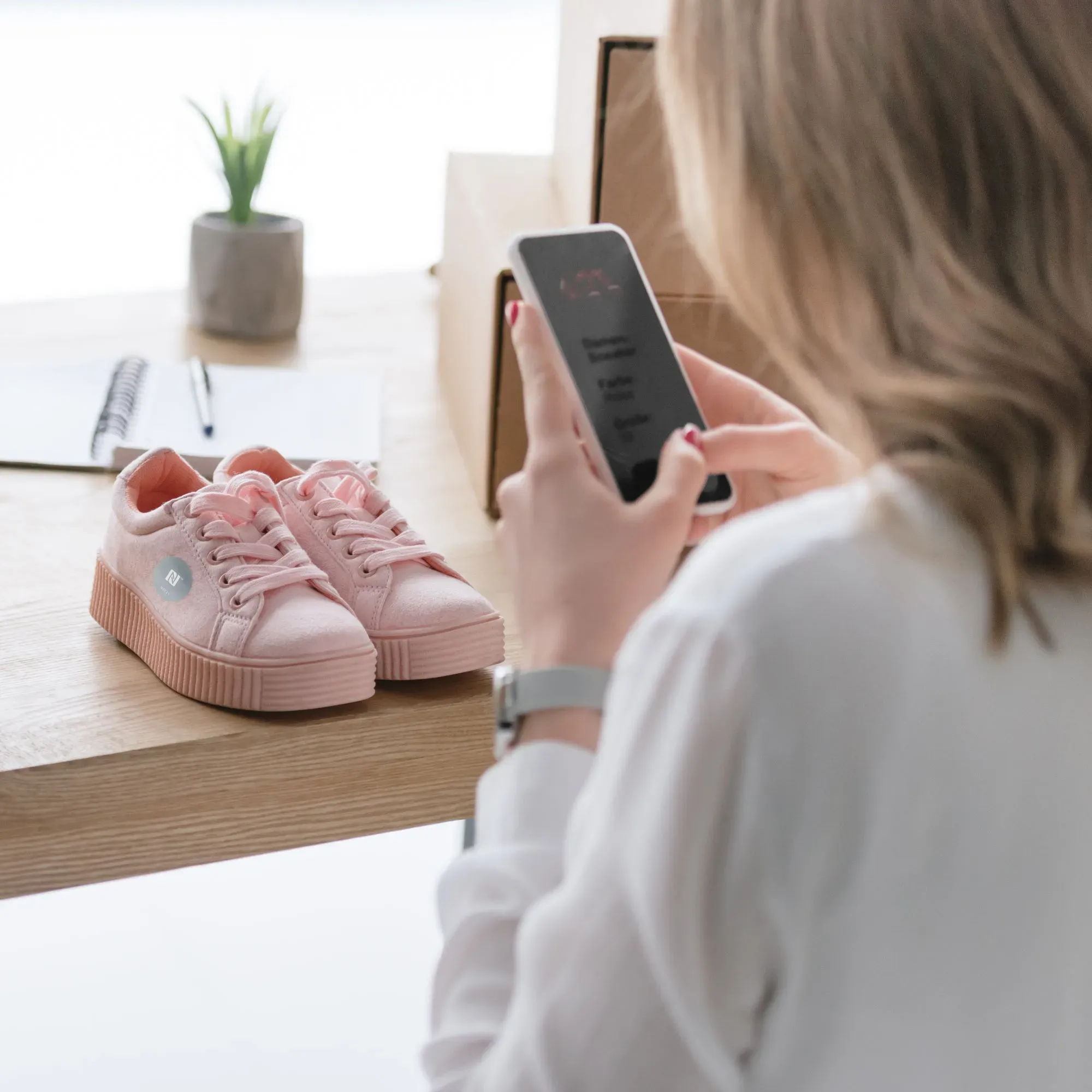 Rosa Schuhe, die mit einem NFC-Sticker versehen sind, werden mit dem Smartphone gescannt.